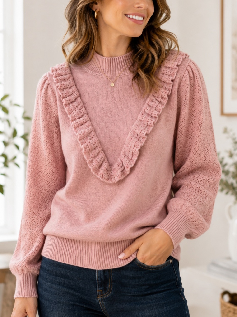 Adrienne Vittadini Pink Ruffle Knit Mock Neck Sweater Size M